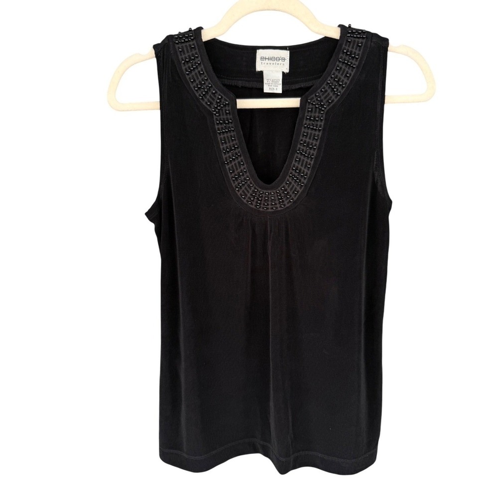 A1 Chicos Travelers‎ Tank Top Beaded V-Neck Ribbed Black Small Sleeveless